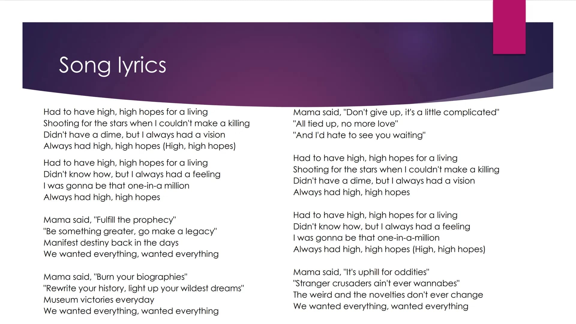 High Hopes
~Panic! At The Disco Table of Contents
Page 3 and 4
Song lyrics
Page 5
Summary of the
Lyrics
Page 9
Personal
meaning and
life adv