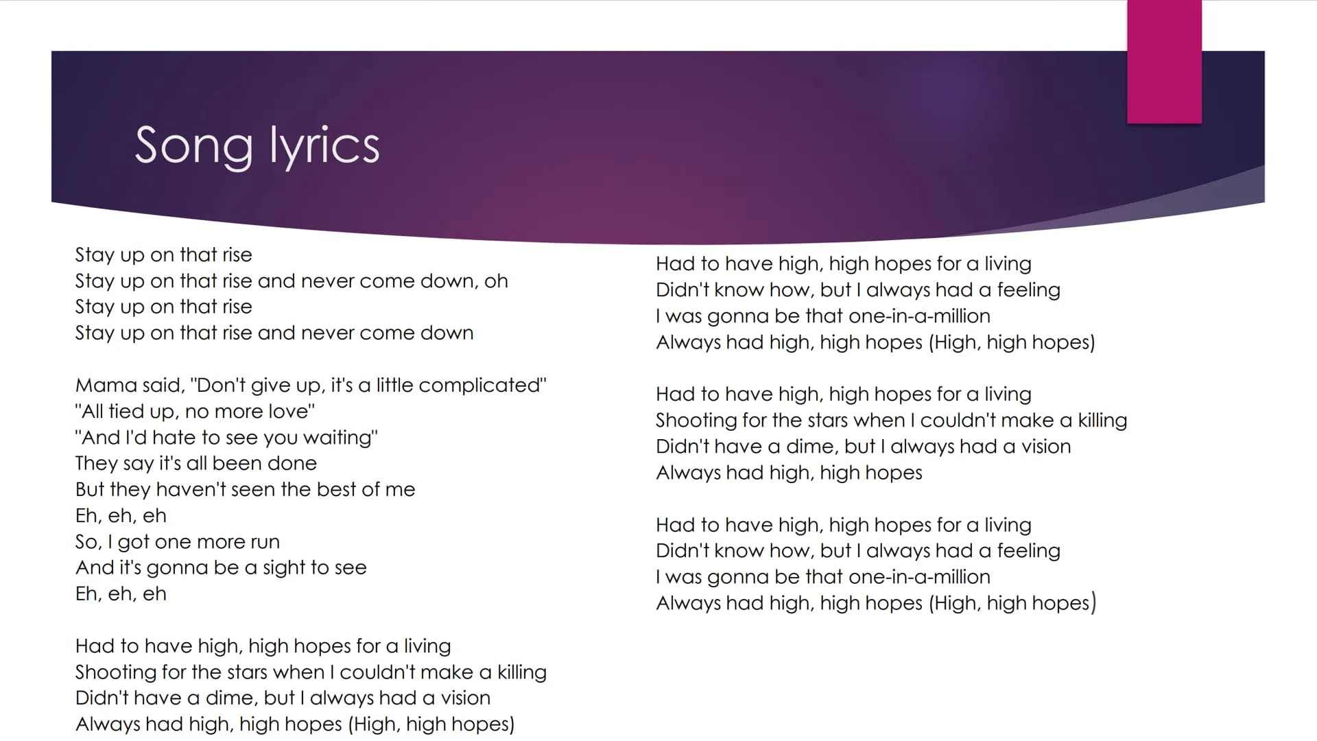 High Hopes
~Panic! At The Disco Table of Contents
Page 3 and 4
Song lyrics
Page 5
Summary of the
Lyrics
Page 9
Personal
meaning and
life adv