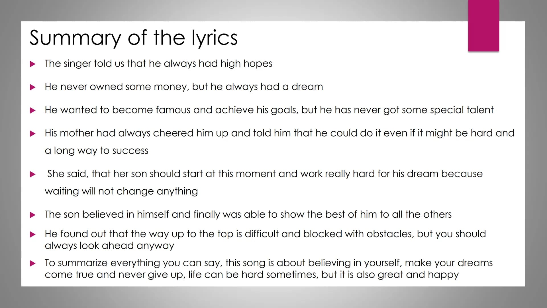 High Hopes
~Panic! At The Disco Table of Contents
Page 3 and 4
Song lyrics
Page 5
Summary of the
Lyrics
Page 9
Personal
meaning and
life adv