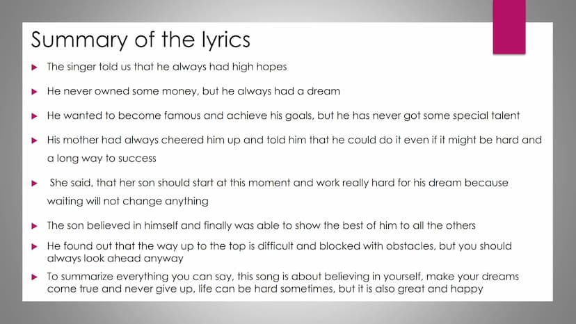 High Hopes
~Panic! At The Disco Table of Contents
Page 3 and 4
Song lyrics
Page 5
Summary of the
Lyrics
Page 9
Personal
meaning and
life adv