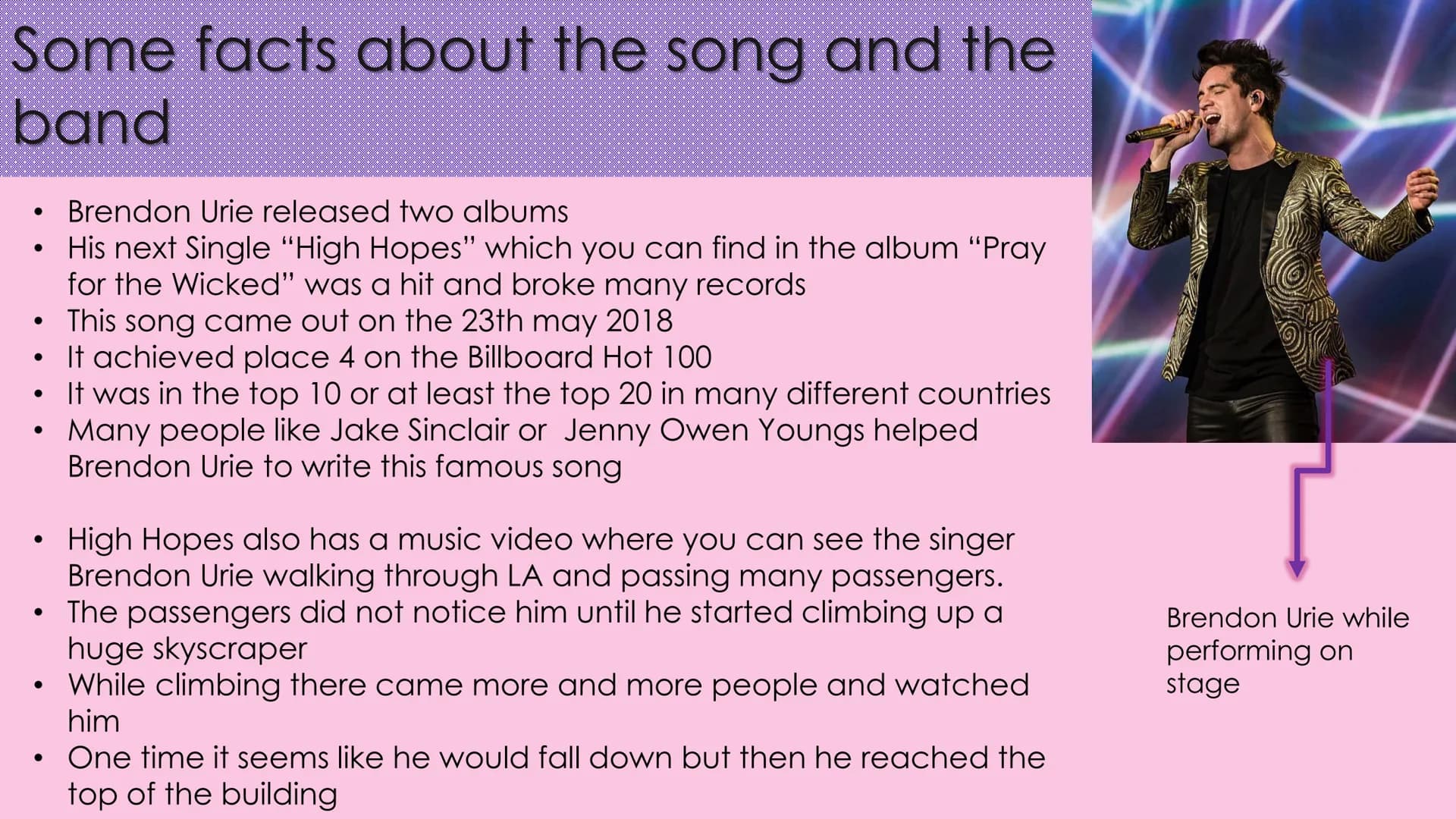 High Hopes
~Panic! At The Disco Table of Contents
Page 3 and 4
Song lyrics
Page 5
Summary of the
Lyrics
Page 9
Personal
meaning and
life adv