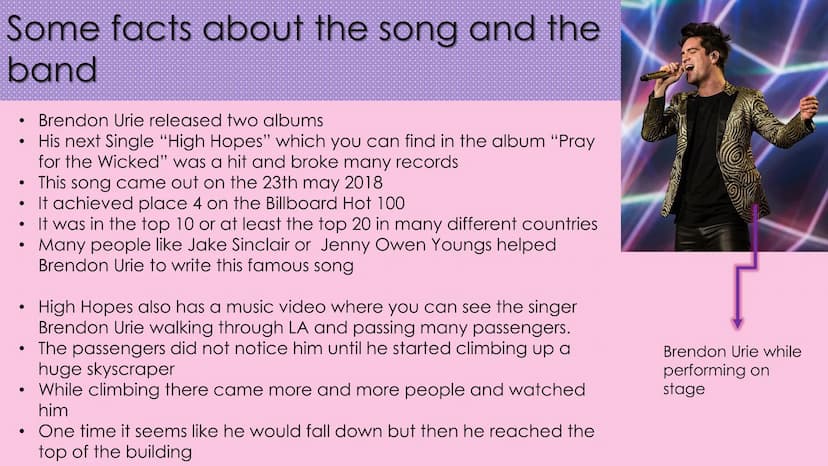 High Hopes
~Panic! At The Disco Table of Contents
Page 3 and 4
Song lyrics
Page 5
Summary of the
Lyrics
Page 9
Personal
meaning and
life adv