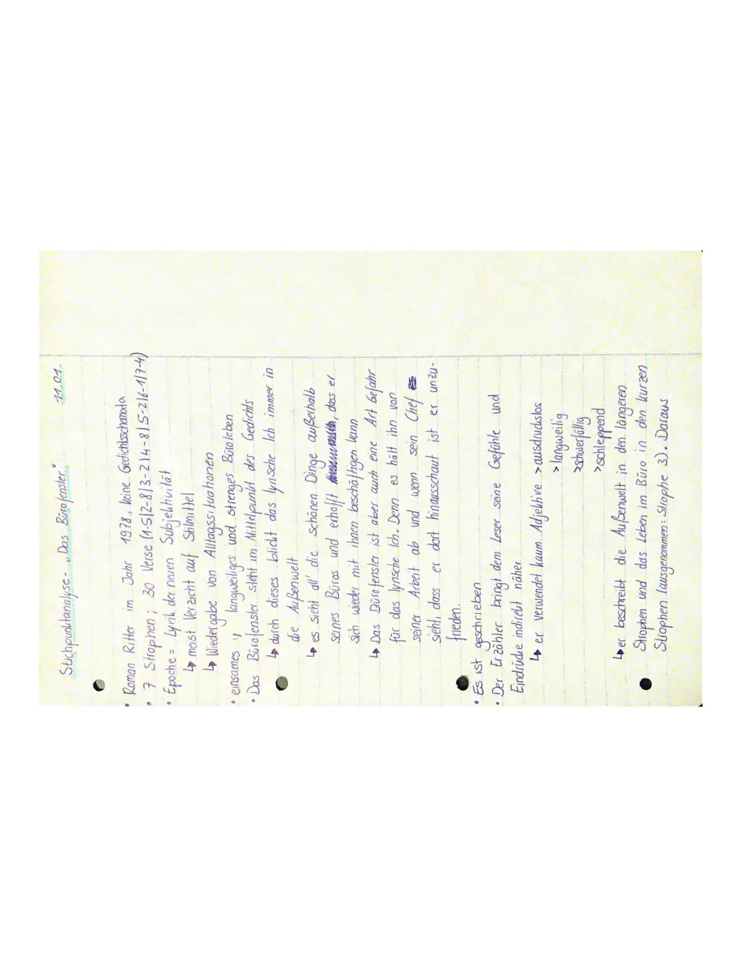 Stichpunktanalyse- Das Büro fenster
• Roman Ritter im Jahr 1978, keine Gedichtsschemata
• 7 Strophen; 30 Verse (1-512-8/3-214-815-216-117-4)