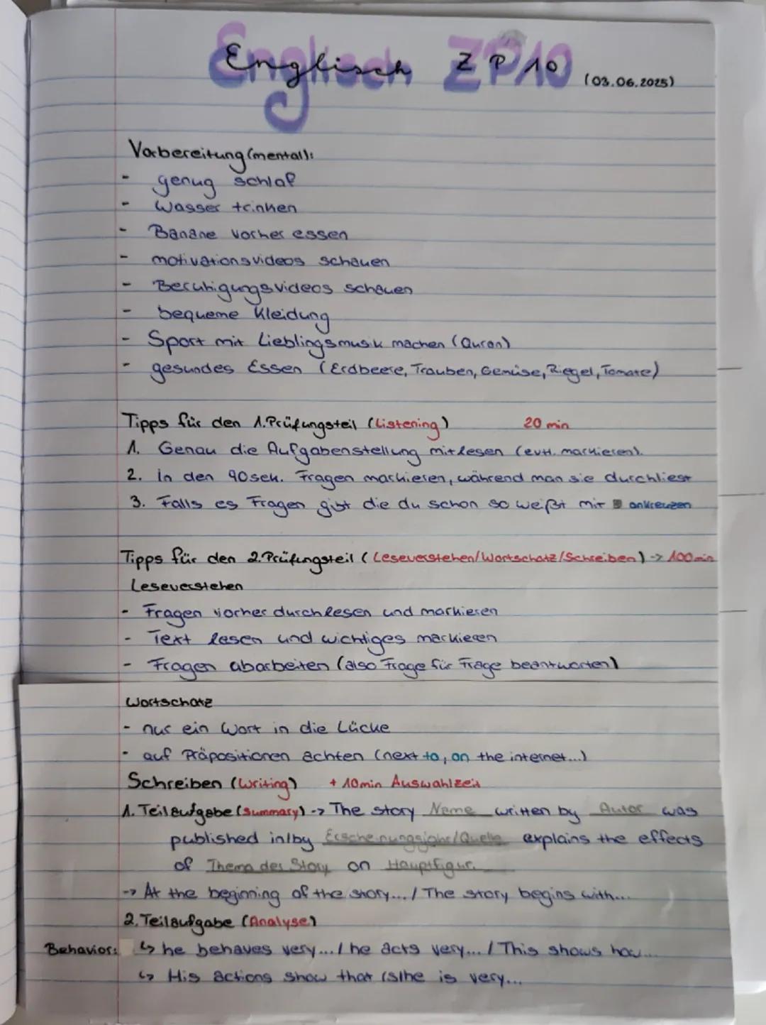 # Englisch ZP10  (03.06.2015)

## Vorbereitung(mental!):
- genug Schlaf
- Wasser trinken
- Banane vorher essen
- Motivationsvideos schauen
-