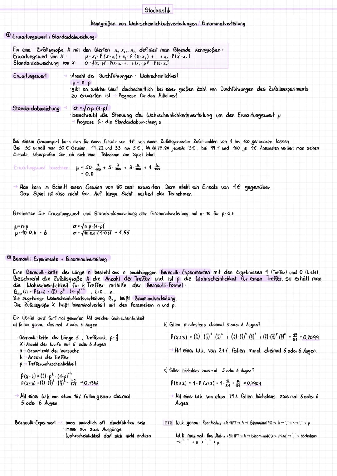 Erwartungswert + Standardabweichung
Für eine Zufallsgröße X mit den Werten X₁ X₂
Erwartungswert von X:
Standard abweichung von X:
Erwartungs