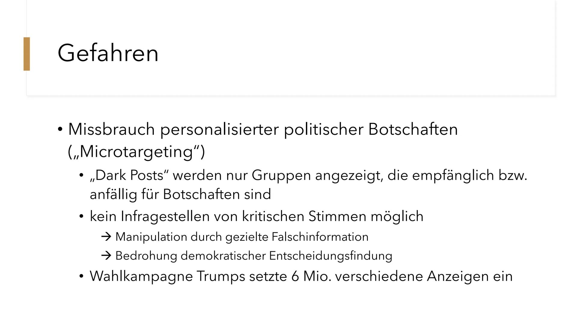 Soziale
Medien
Gefahr oder Chance für die
Demokratie? 1. Neuerungen
●
●
●
●
●
●
2. Chancen
●
Algorithmen ermöglichen zielgerichtetes Anzeige