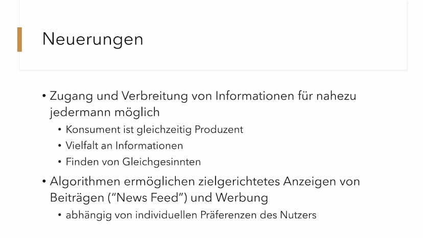 Soziale
Medien
Gefahr oder Chance für die
Demokratie? 1. Neuerungen
●
●
●
●
●
●
2. Chancen
●
Algorithmen ermöglichen zielgerichtetes Anzeige