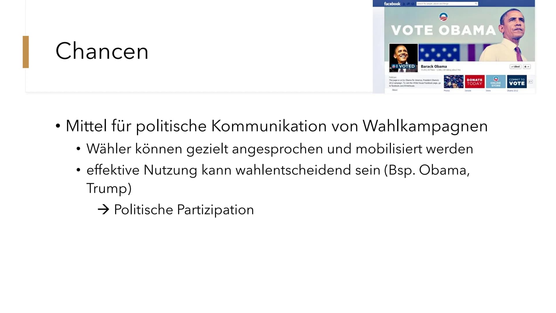 Soziale
Medien
Gefahr oder Chance für die
Demokratie? 1. Neuerungen
●
●
●
●
●
●
2. Chancen
●
Algorithmen ermöglichen zielgerichtetes Anzeige