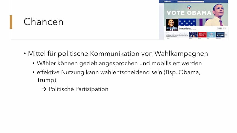 Soziale
Medien
Gefahr oder Chance für die
Demokratie? 1. Neuerungen
●
●
●
●
●
●
2. Chancen
●
Algorithmen ermöglichen zielgerichtetes Anzeige