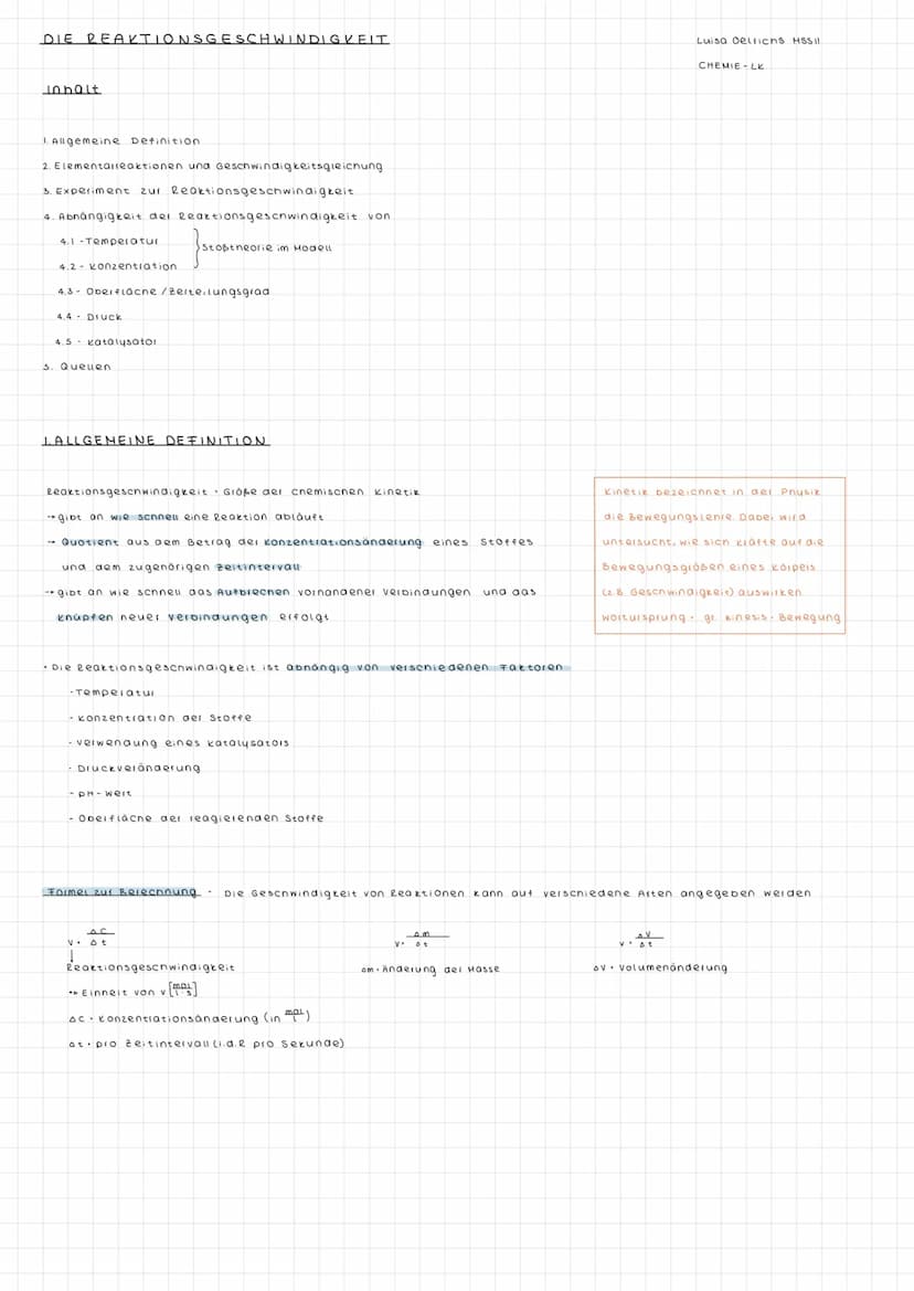 REAKTIONSGESCHWINDIG-
KEIT
Luisa Oelrichs.
MSS 11 Chemie-LK DIE REAKTIONSGESCHWINDIGKEIT
Inhalt
I. Allgemeine Definition.
2. Elementaireakti