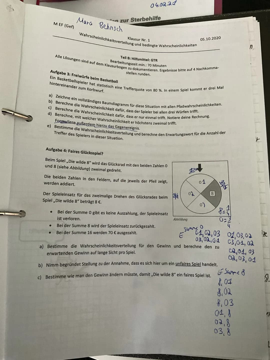 Klausur Nr. 1
Wahrscheinlichkeitsverteilung und bedingte Wahrscheinlichkeiten
MEF (Gef)
05.10.2020
Aufgabe 5: Verkleidungen am Rosenmontagsz