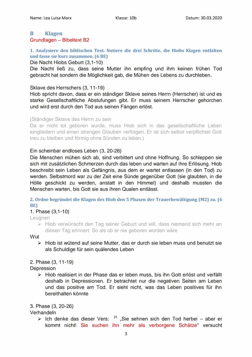 Name: Lea Luisa Marx
Lerntheke Hiob
A Prolog
Grundlagen - Bibeltext B1
Klasse: 10b
Datum: 30.03.2020
1. Beschreibe ausgehend vom biblischen 