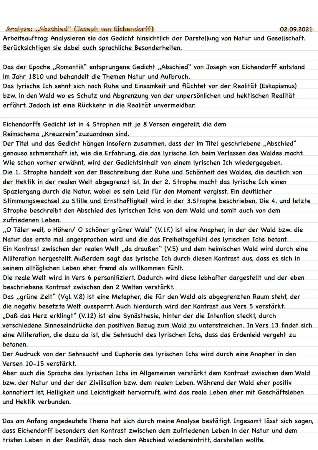 Analyse: ,,Abschied" (Joseph von Eichendorff)
02.09.2021
Arbeitsauftrag: Analysieren sie das Gedicht hinsichtlich der Darstellung von Natur 