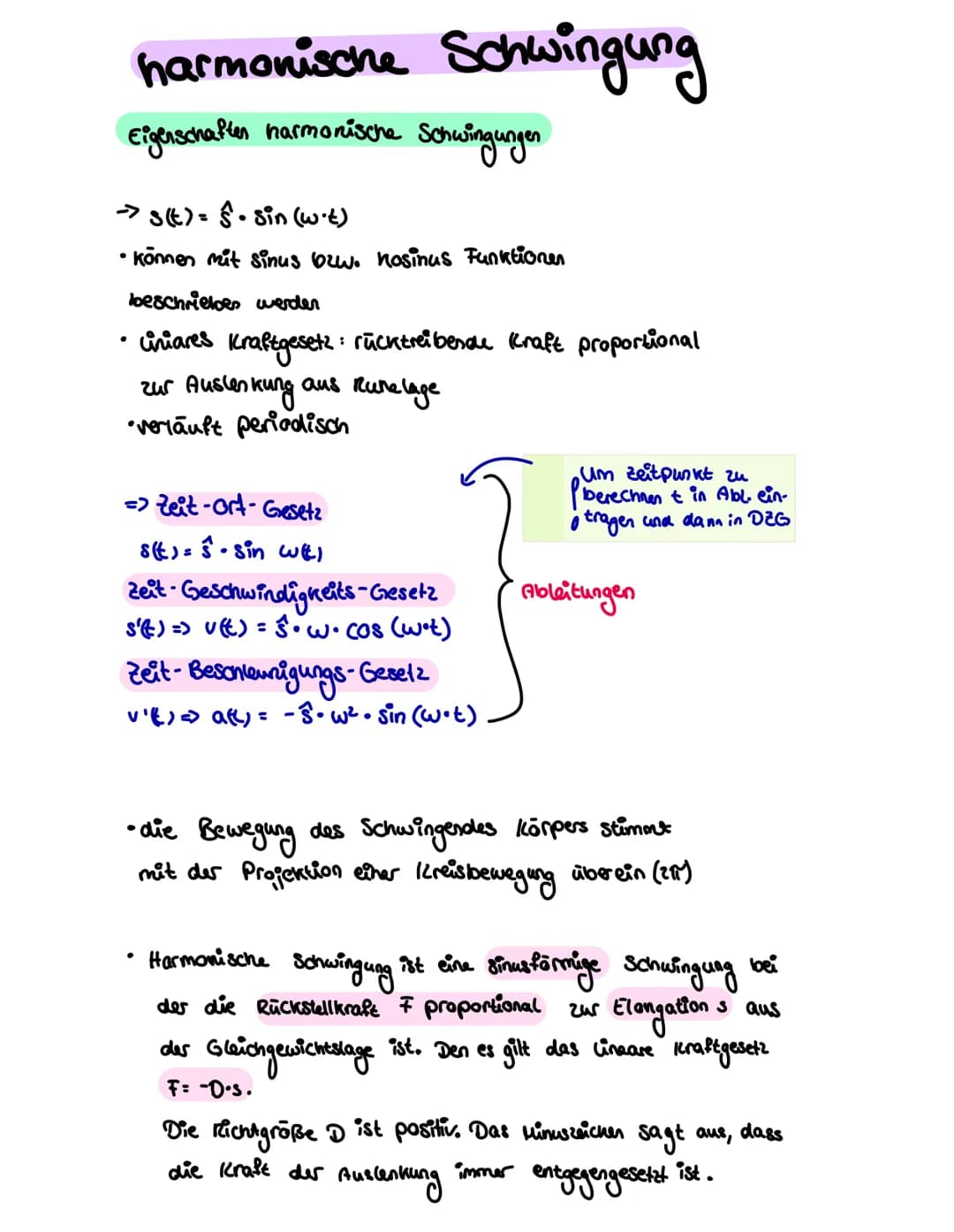 harmonische Schwingung
Eigenschaften harmonische Schwingungen
->s(t)= Ŝ• Sin (wit)
●
• können mit sinus bzw. nosinus Funktionen
beschrieben 