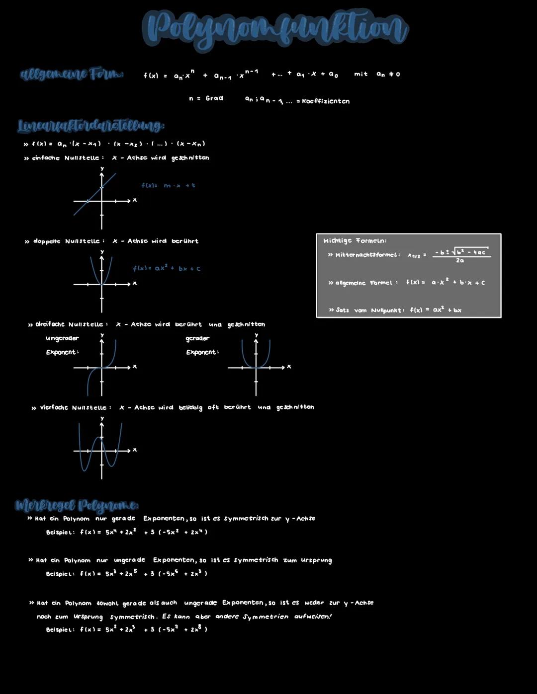 # Polynon funktion

allgemeine Form: $f(x) = a_n x^n + a_{n-1} x^{n-1} + ... + a_1 x + a_0$ mit $a_n \neq 0$

$n$ = Grad

$a_n, a_{n-1}, ...