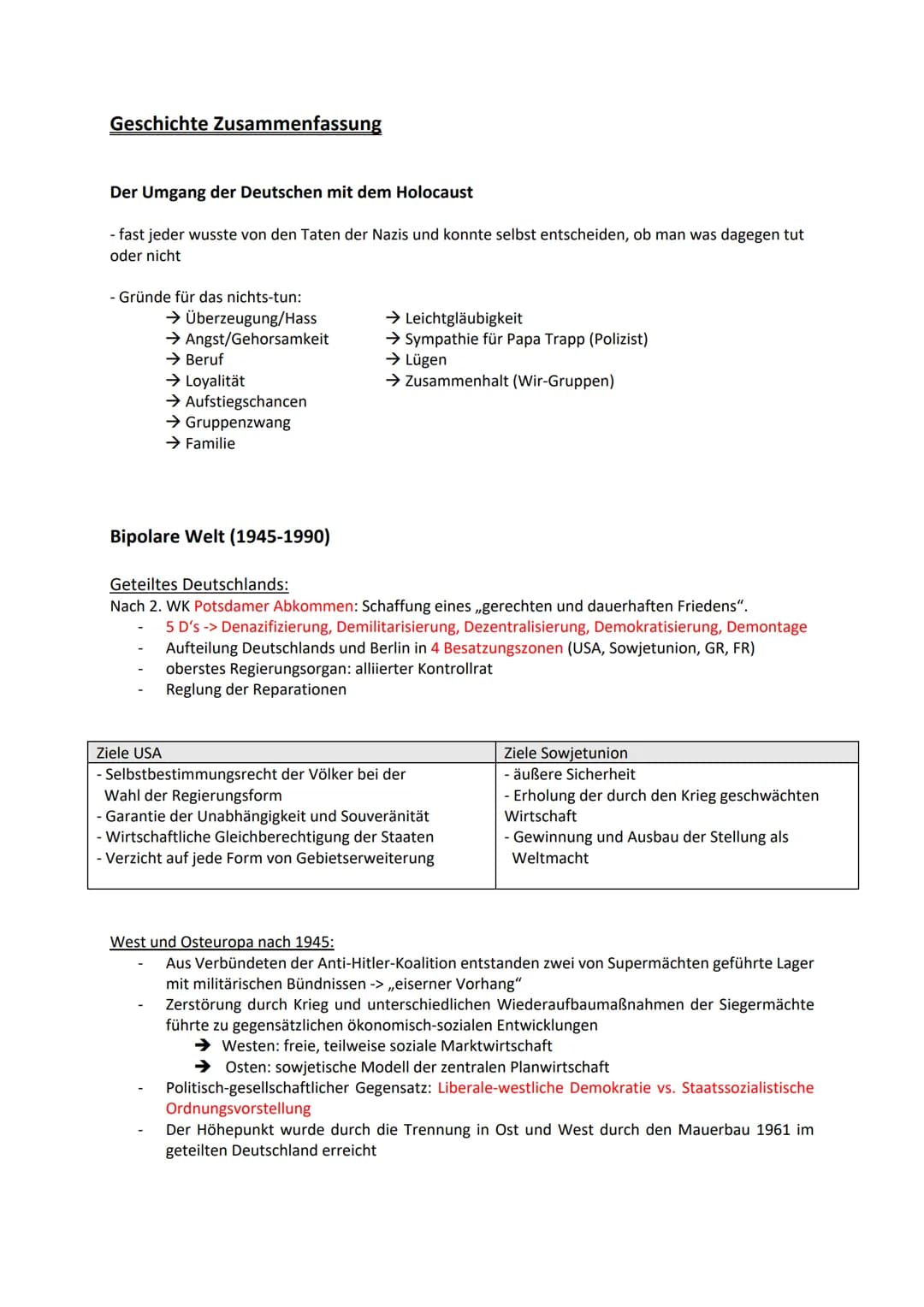 Geschichte Zusammenfassung
Der Umgang der Deutschen mit dem Holocaust
- fast jeder wusste von den Taten der Nazis und konnte selbst entschei
