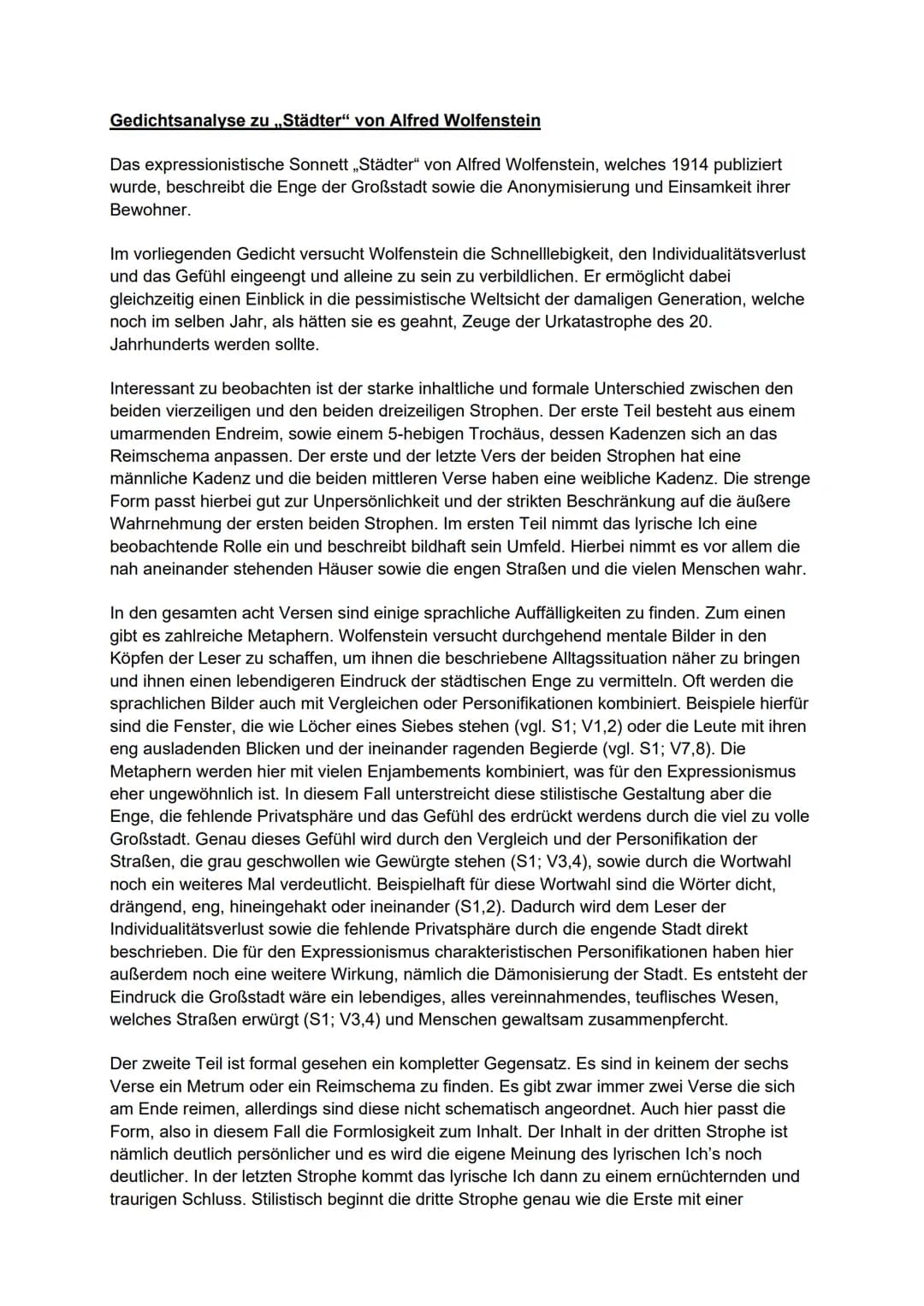 Gedichtsanalyse zu „Städter" von Alfred Wolfenstein
Das expressionistische Sonnett „Städter" von Alfred Wolfenstein, welches 1914 publiziert