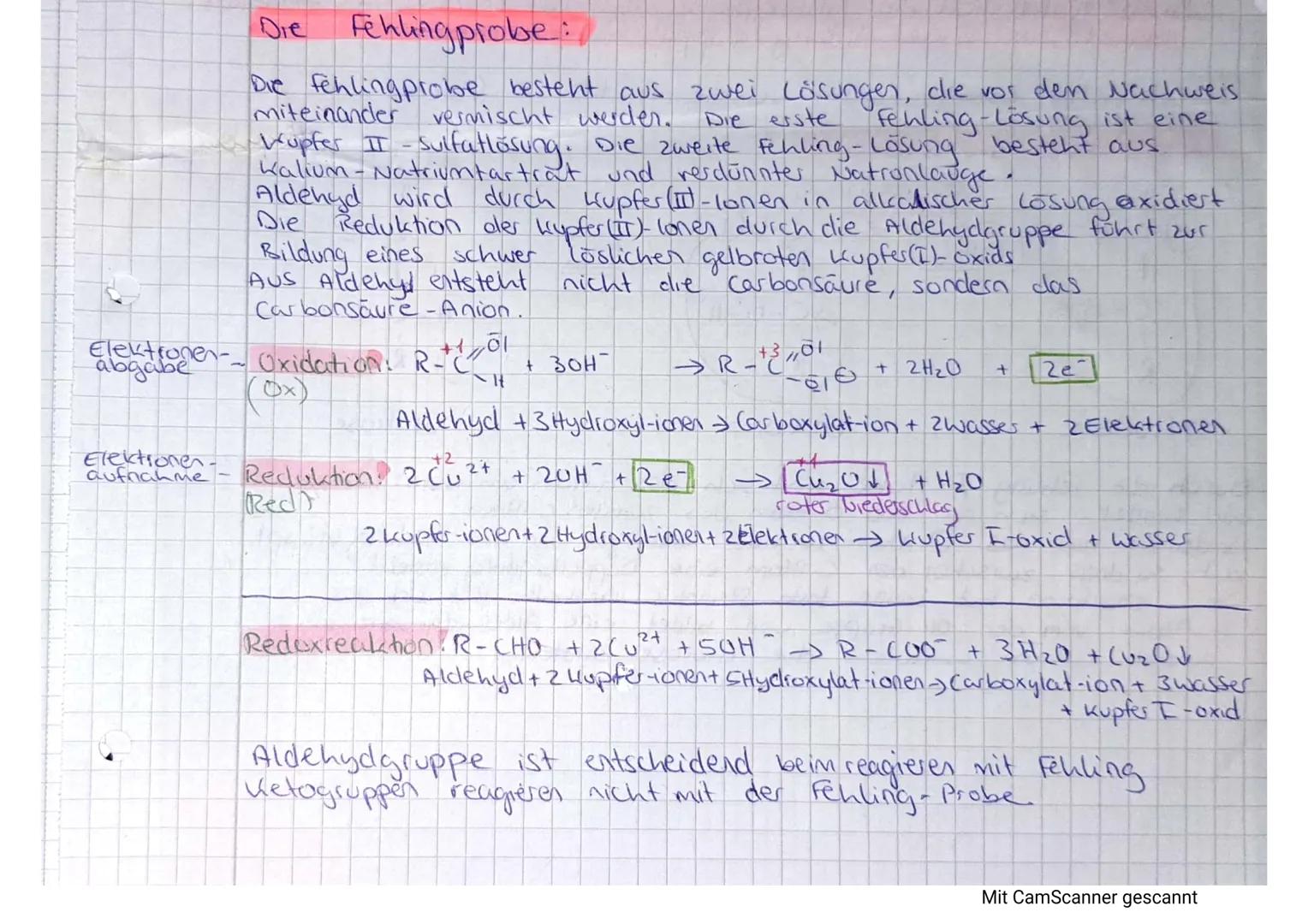 # Die Fehlingprobe:

Die fehlingprobe besteht aus zwei Lösungen, die vor den Nachweis
miteinander vermischt werder. Die erste Fehling-Lösung