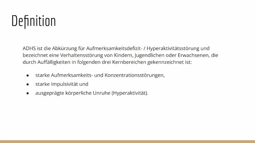 ADHS
3 Gliederung
Definition
• Symptome
Folgen
●
Unterschied ADS - ADHS
Ursachen
Diagnostik
Therapie
Prognose
Quellenangaben
Komorbiditäten 