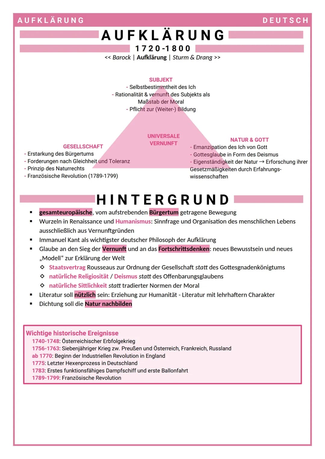 AUFKLÄRUNG
■
AUFKLÄRUNG
1720-1800
<< Barock | Aufklärung | Sturm & Drang >>
■
GESELLSCHAFT
- Erstarkung des Bürgertums
- Forderungen nach Gl