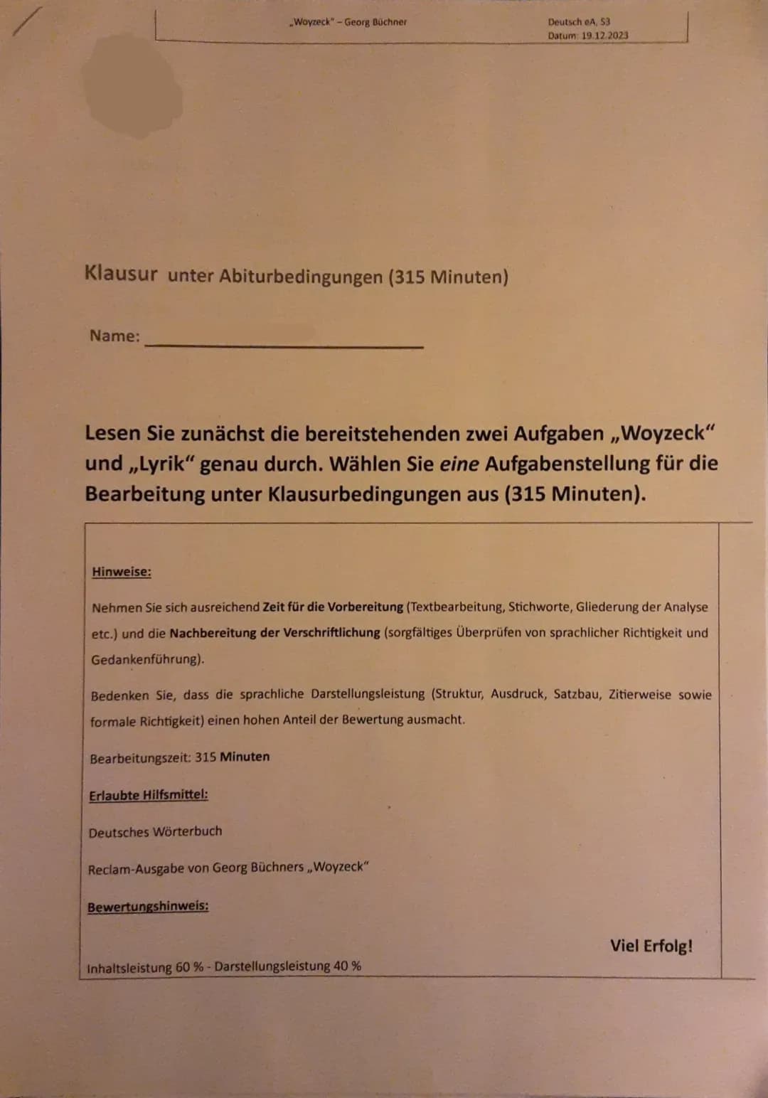 Woyzeck (Vorabi + Erwartungshorizont)