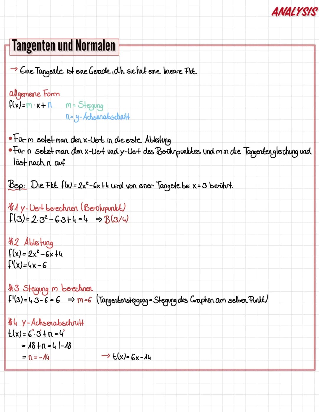 Tangenten und Normalen
→ Eine Tangente ist eine Gerade, d.h. Sie hat eine lineare Flct.
allgemeine Form
f(x)=mx+n
1= Stagung
n=y-Achsenabsch