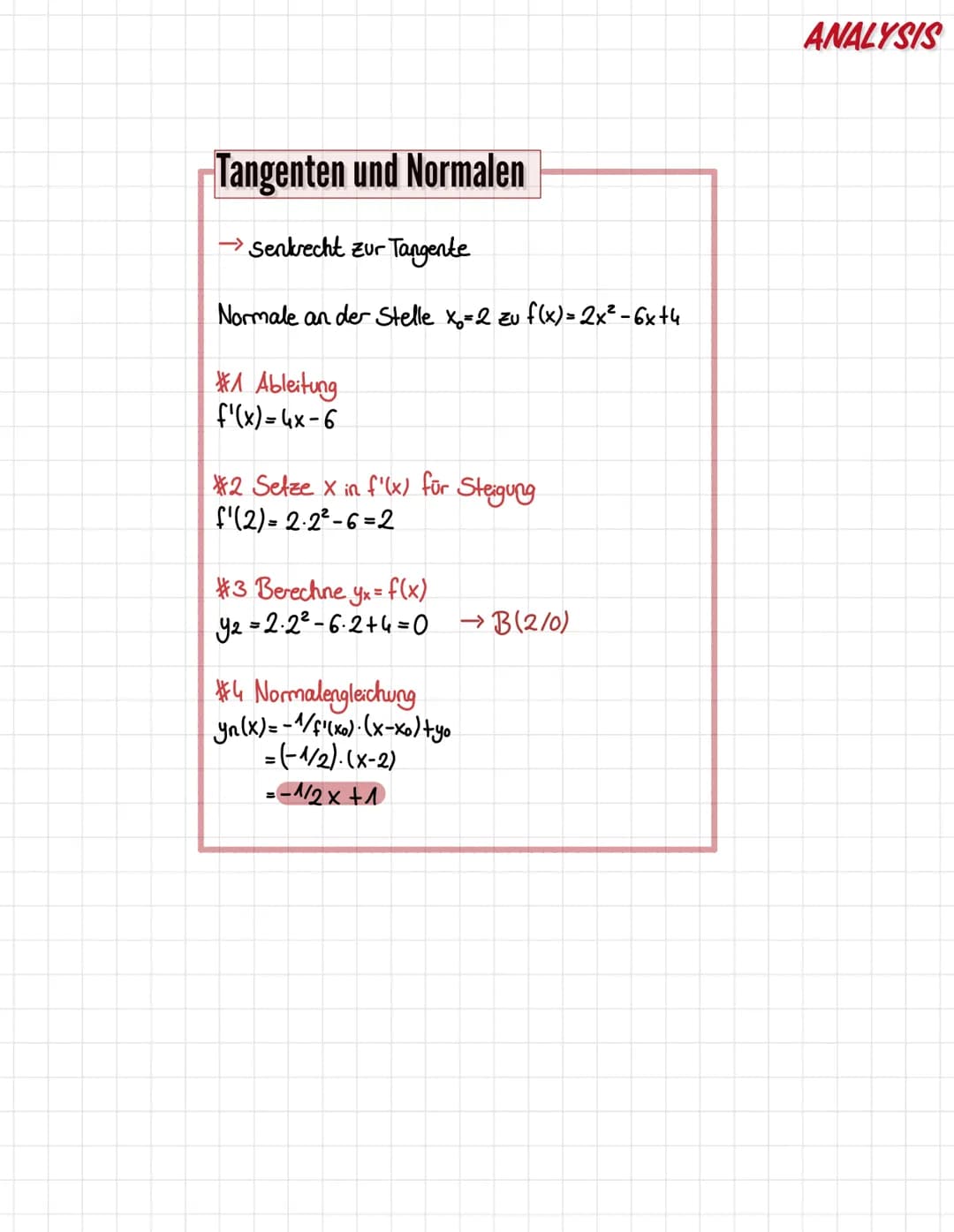 Tangenten und Normalen
→ Eine Tangente ist eine Gerade, d.h. Sie hat eine lineare Flct.
allgemeine Form
f(x)=mx+n
1= Stagung
n=y-Achsenabsch