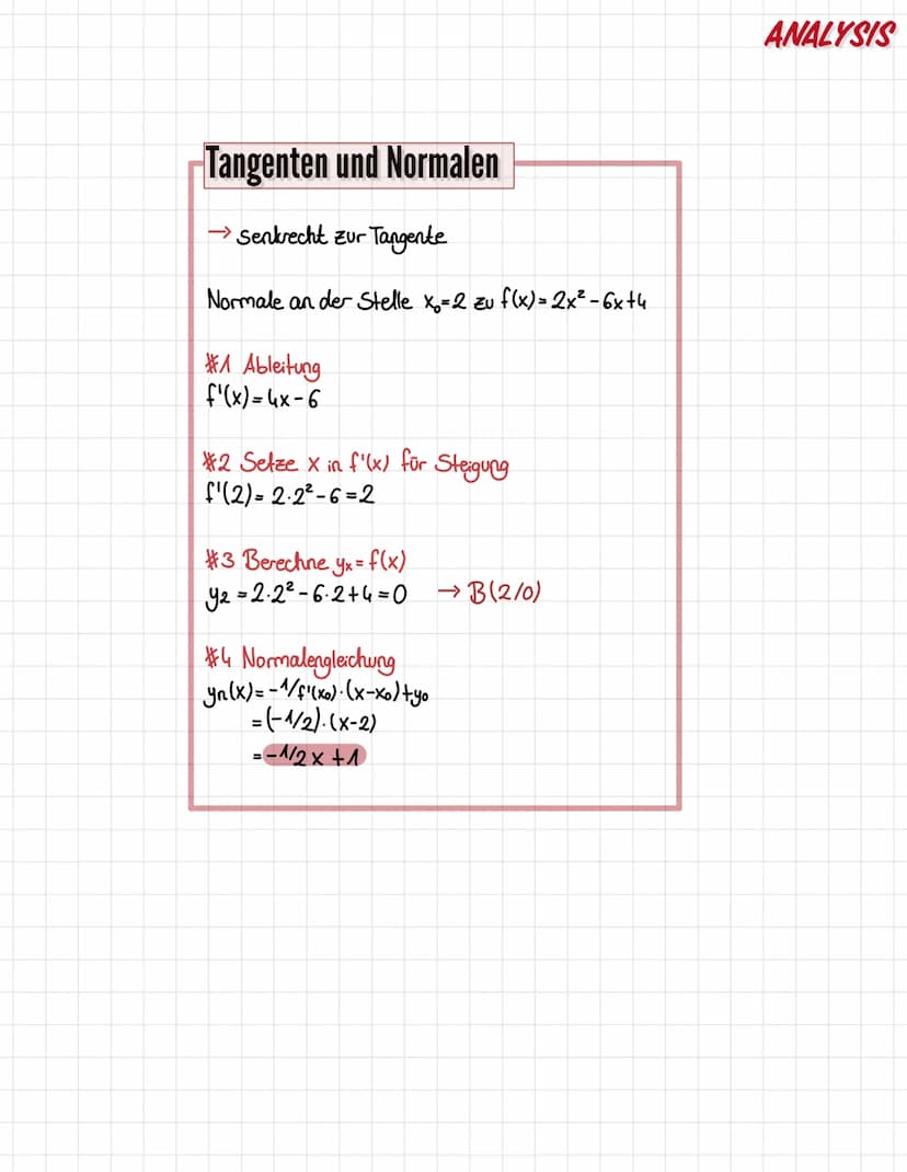 Tangenten und Normalen
→ Eine Tangente ist eine Gerade, d.h. Sie hat eine lineare Flct.
allgemeine Form
f(x)=mx+n
1= Stagung
n=y-Achsenabsch