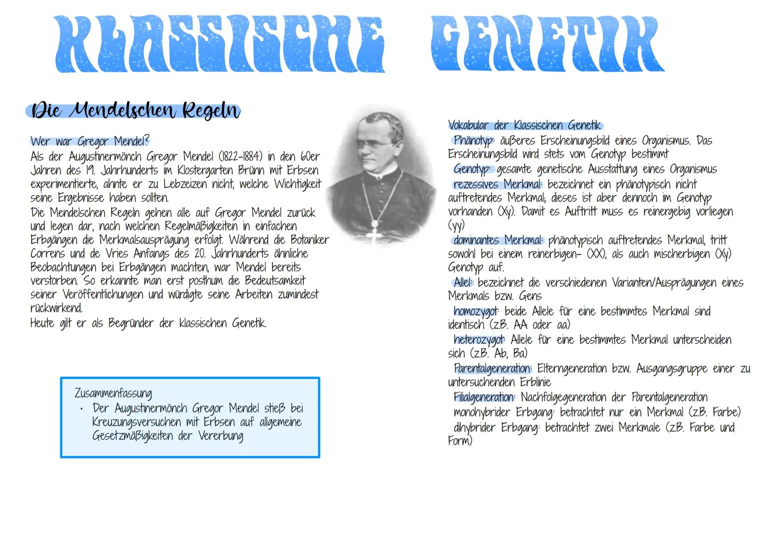 KLASSISCHE
Die Mendelschen Regeln
Wer war Gregor Mendel?
Als der Augustinermönch Gregor Mendel (1822-1884) in den 60er
Jahren des 19. Jahrhu
