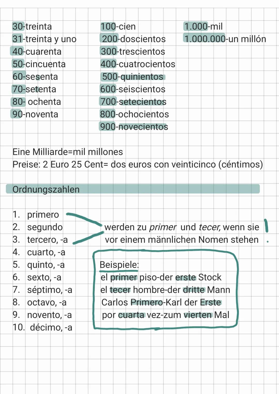Grundzahlen
0-cero
1-uno*
2-dos
3-tres
números
4-cuatro
5-cinco
6-seis
7-siete
8-ocho
9-nueve
10-diez
21-veintiuno
22-veintidós
23-veintitré
