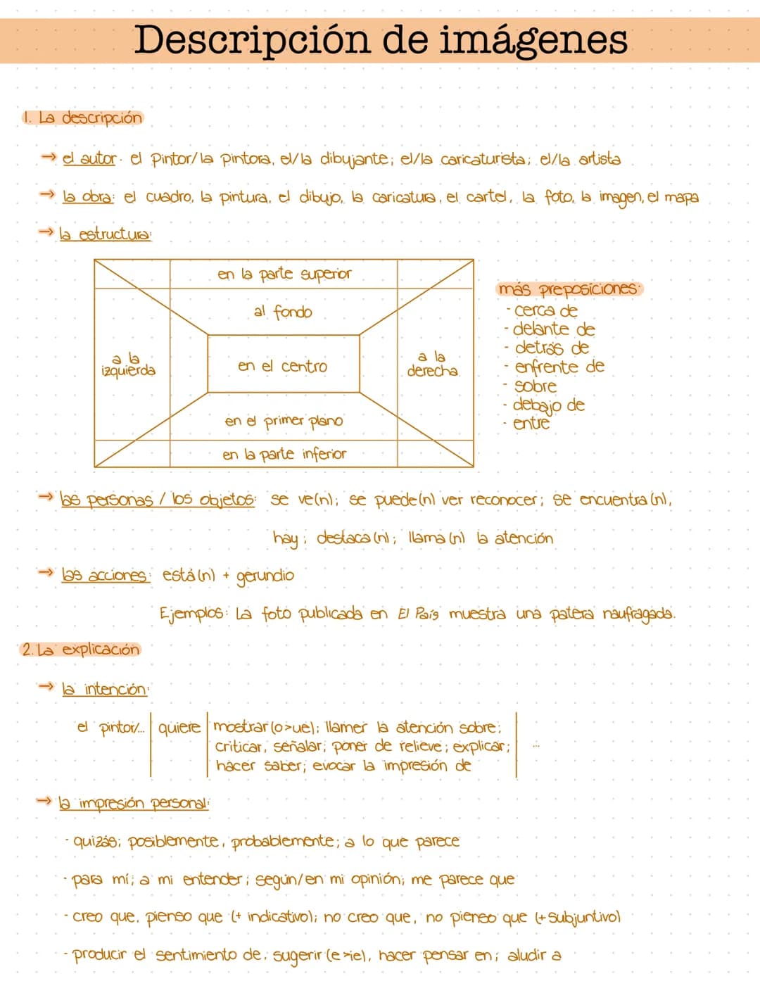 Descripción de imágenes
1. La descripción
→ el autor. el Pintor/la pintora, el/la dibujante; el/la caricaturista; el/la artista
→ la obra: e