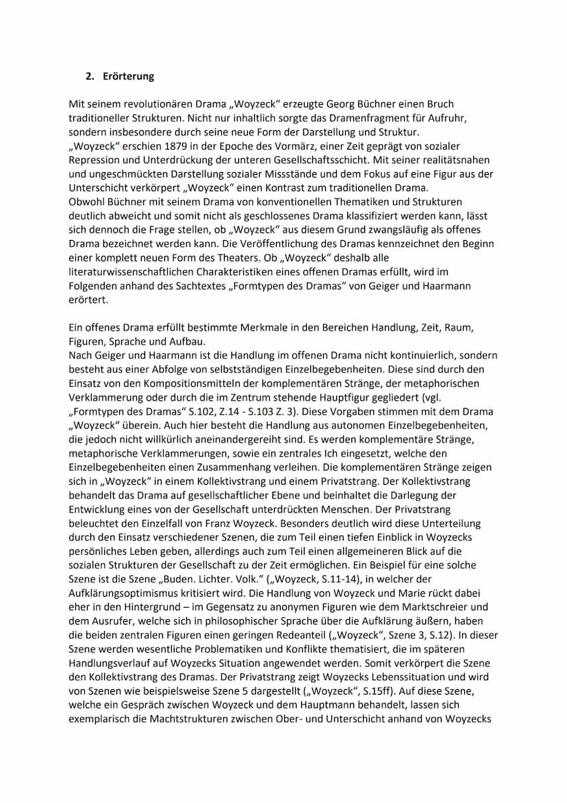 Literarische Erörterung "Woyzeck - ein offenes Drama?"
Erörtert, inwieweit das Drama ,,Woyzeck" als ein offenes Drama bezeichnet werden kann