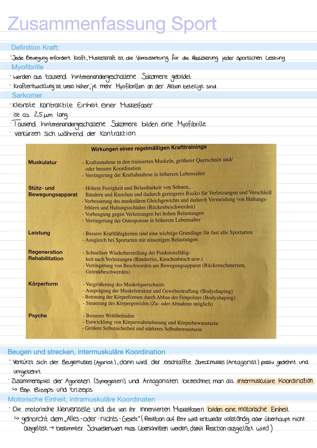 Zusammenfassung Sport
Definition Kraft:
Jede Bewegung erfordert Kraft, Muskelkraft ist die Vorraussetzung für die Realisierung jeder Sportli