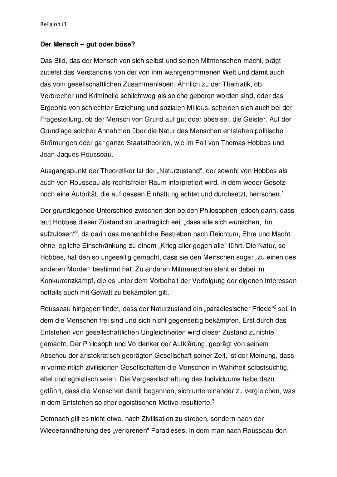 Der Mensch: Von Natur aus gut oder böse? (Rousseau vs. Hobbes)