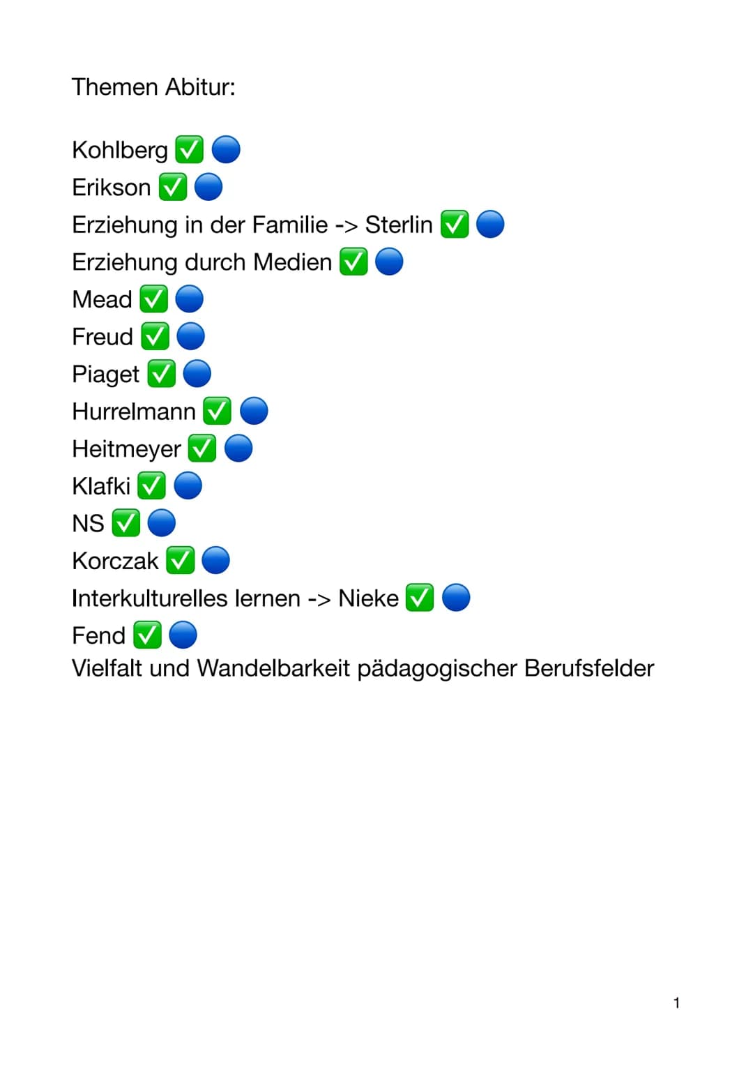 Themen Abitur:
Kohlberg
Erikson
Erziehung in der Familie -> Sterlin
Erziehung durch Medien
Mead
Freud
Piaget
Hurrelmann
Heitmeyer
Klafki
NS
