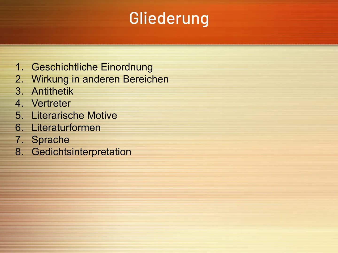 Barock: Epoche der
Gegensätze
Carpe diem
(Nutze den Tag) Gliederung
1. Geschichtliche Einordnung
2. Wirkung in anderen Bereichen
3. Antithet