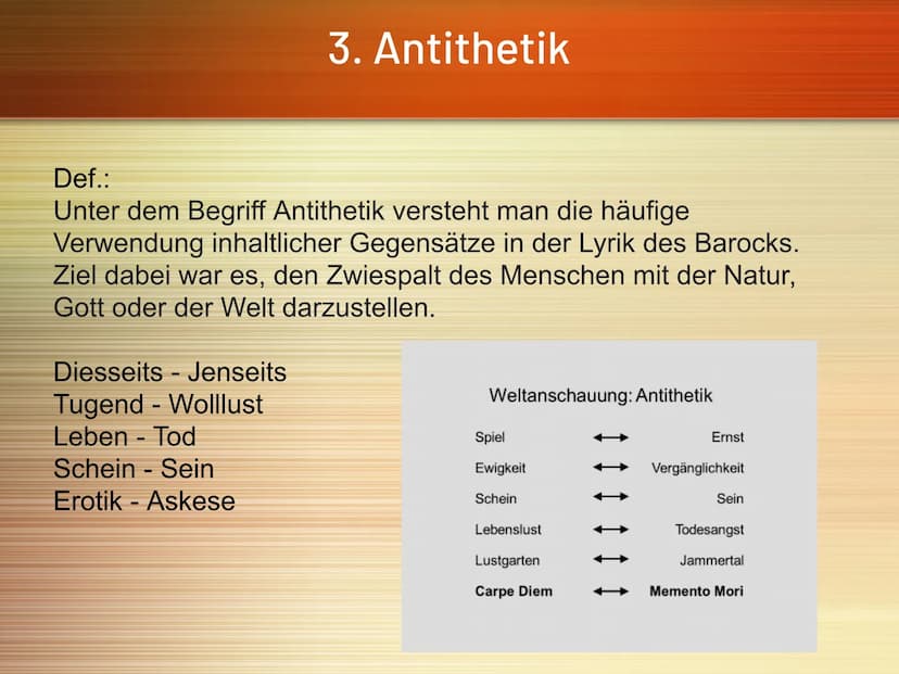 Barock: Epoche der
Gegensätze
Carpe diem
(Nutze den Tag) Gliederung
1. Geschichtliche Einordnung
2. Wirkung in anderen Bereichen
3. Antithet