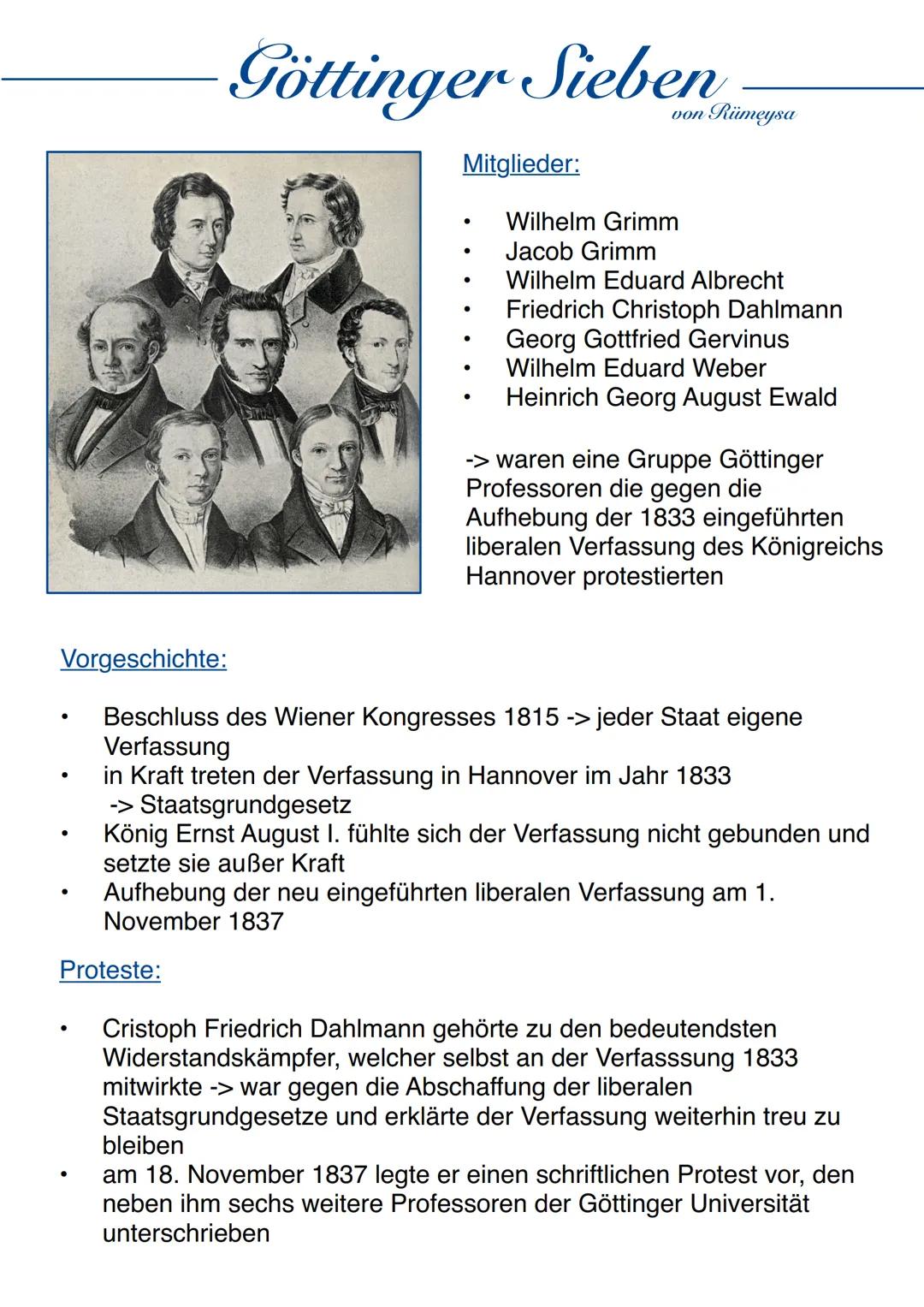●
●
Göttinger Sieben
Mitglieder:
●
Proteste:
von Rümeysa
Wilhelm Grimm
Jacob Grimm
Wilhelm Eduard Albrecht
Friedrich Christoph Dahlmann
Geor