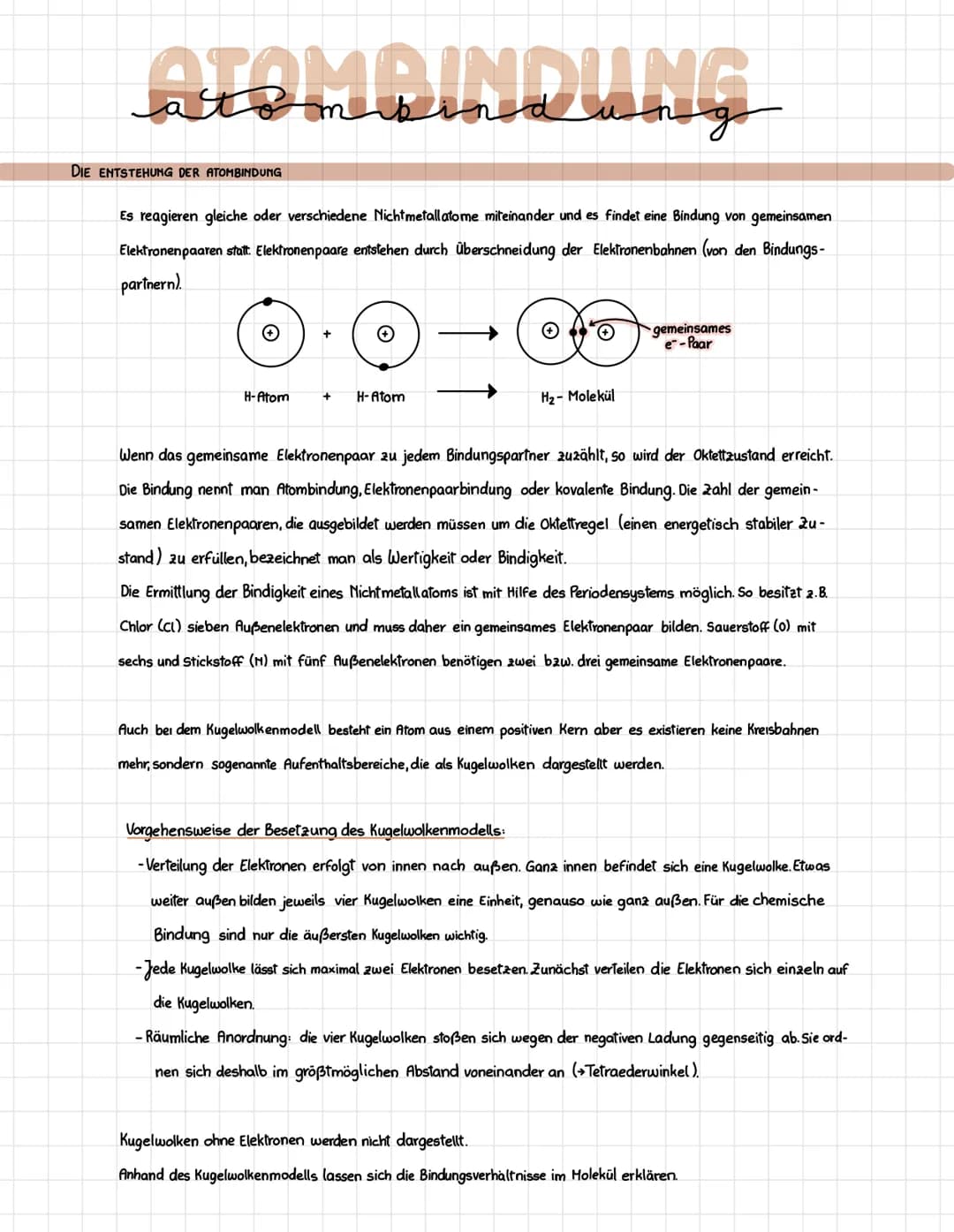 atom bind
g
Es reagieren gleiche oder verschiedene Nichtmetallatome miteinander und es findet eine Bindung von gemeinsamen
Elektronenpaaren 