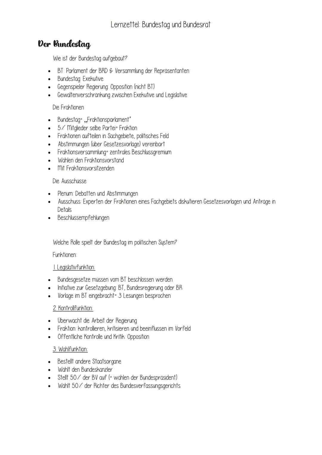 Der Bundestag
●
●
●
●
●
●
●
●
●
●
●
●
Lernzettel: Bundestag und Bundesrat
Wie ist der Bundestag aufgebaut?
BT: Parlament der BRD & Versammlu