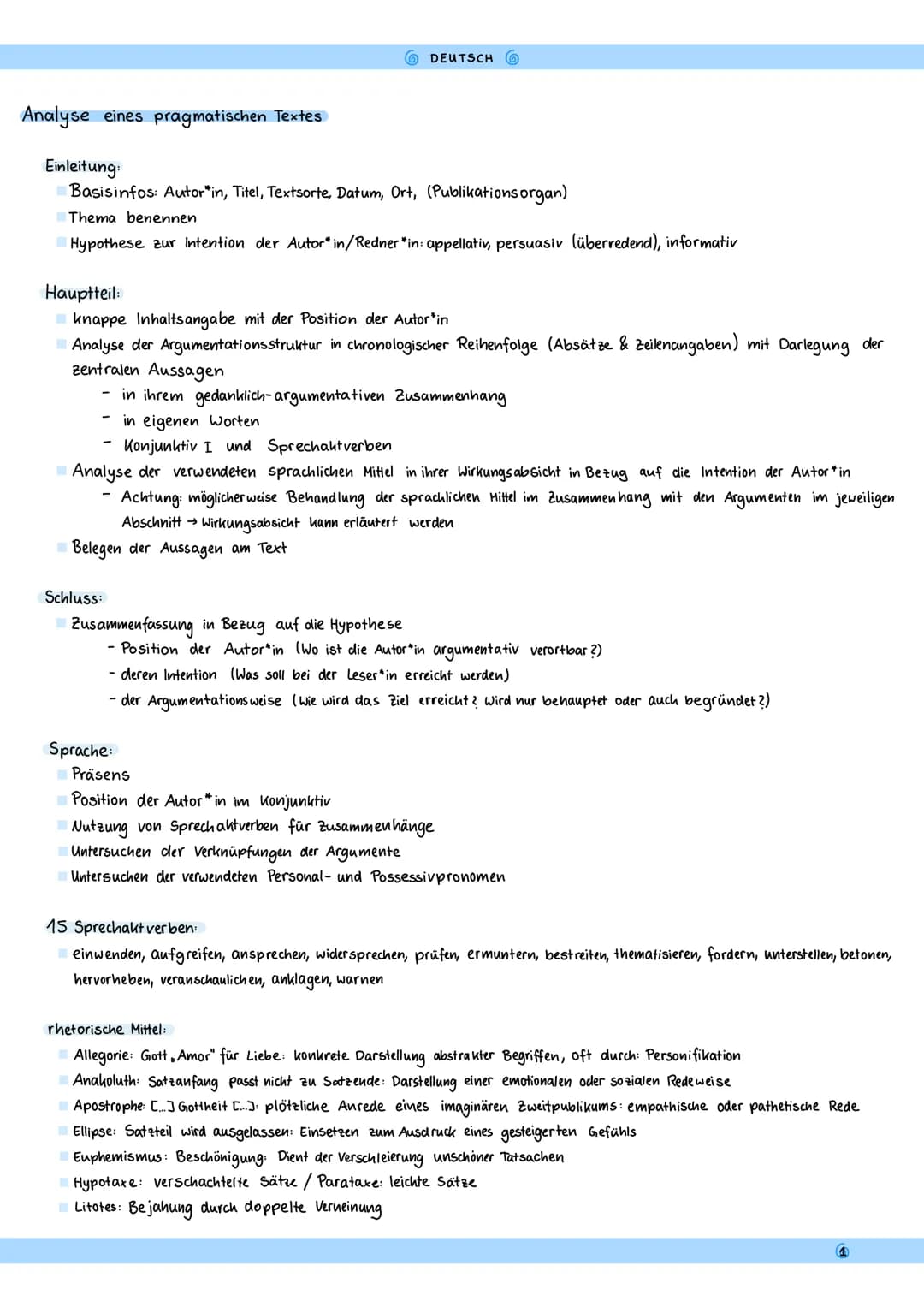 Analyse eines pragmatischen Textes
DEUTSCH
Einleitung:
Basisinfos: Autor*in, Titel, Textsorte, Datum, Ort, (Publikationsorgan)
Thema benenne