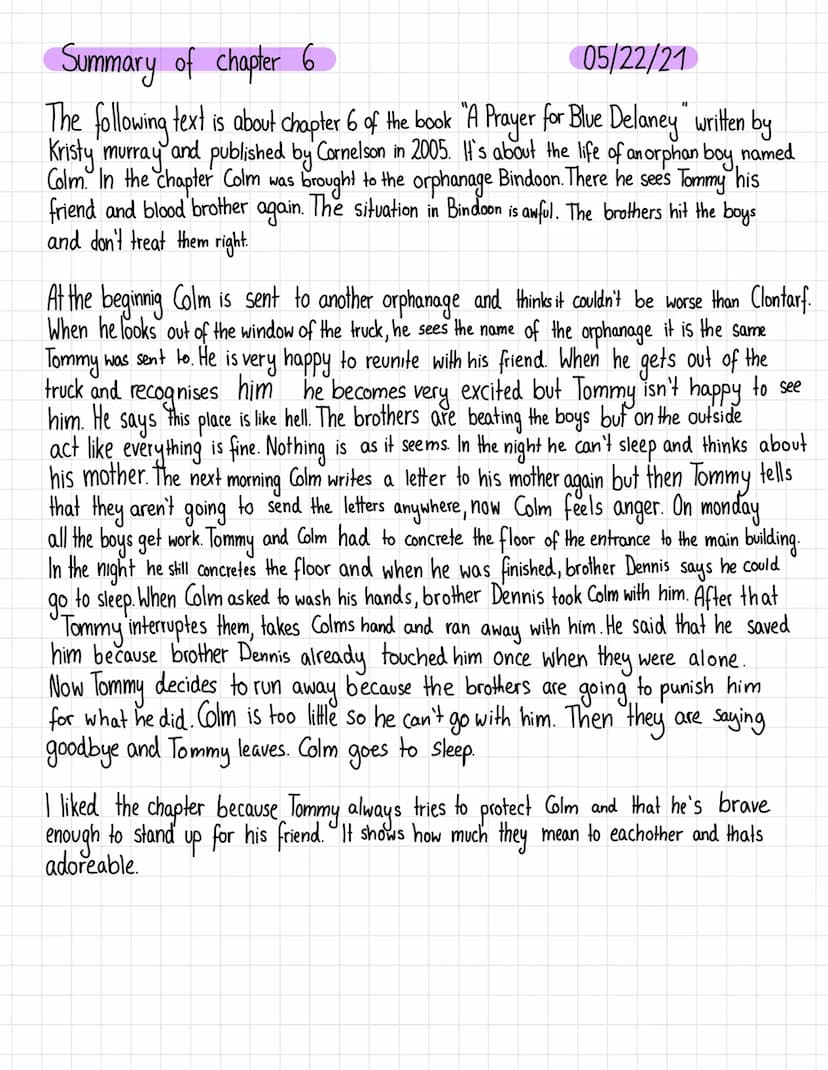 Characterisation (Tommy)
05/20/21
who
In the following text I will write about Tommy. He is a minor character in the book "A Prayer for Blue