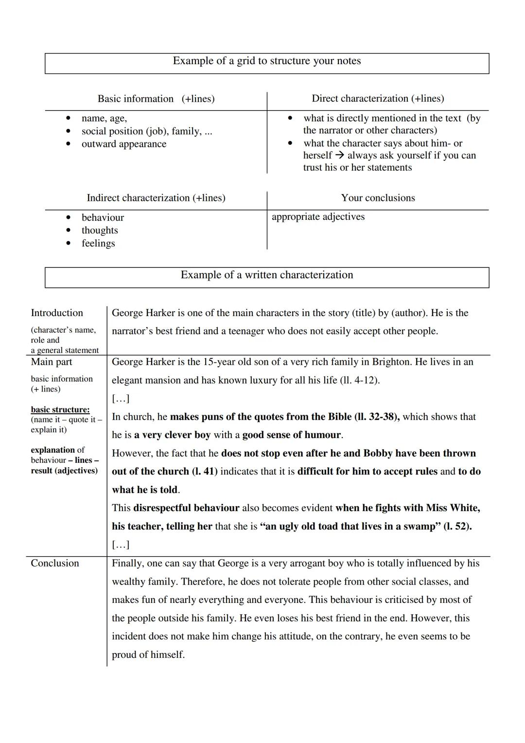 # How to write a characterization

Characters can be presented in two ways:
a) direct (explicit) characterization: the narrator or a charact