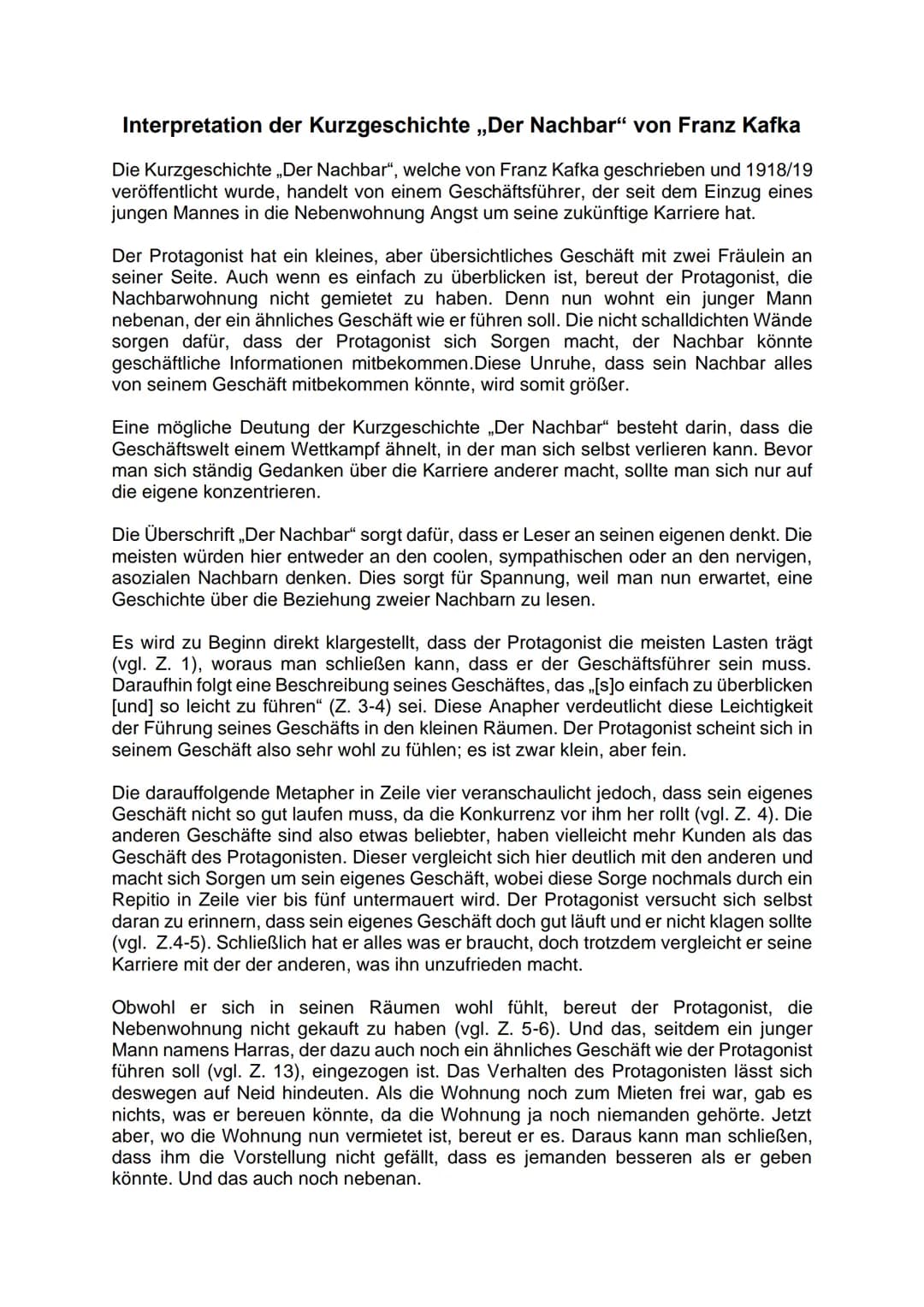 Interpretation der Kurzgeschichte ,,Der Nachbar" von Franz Kafka
Die Kurzgeschichte „Der Nachbar", welche von Franz Kafka geschrieben und 19