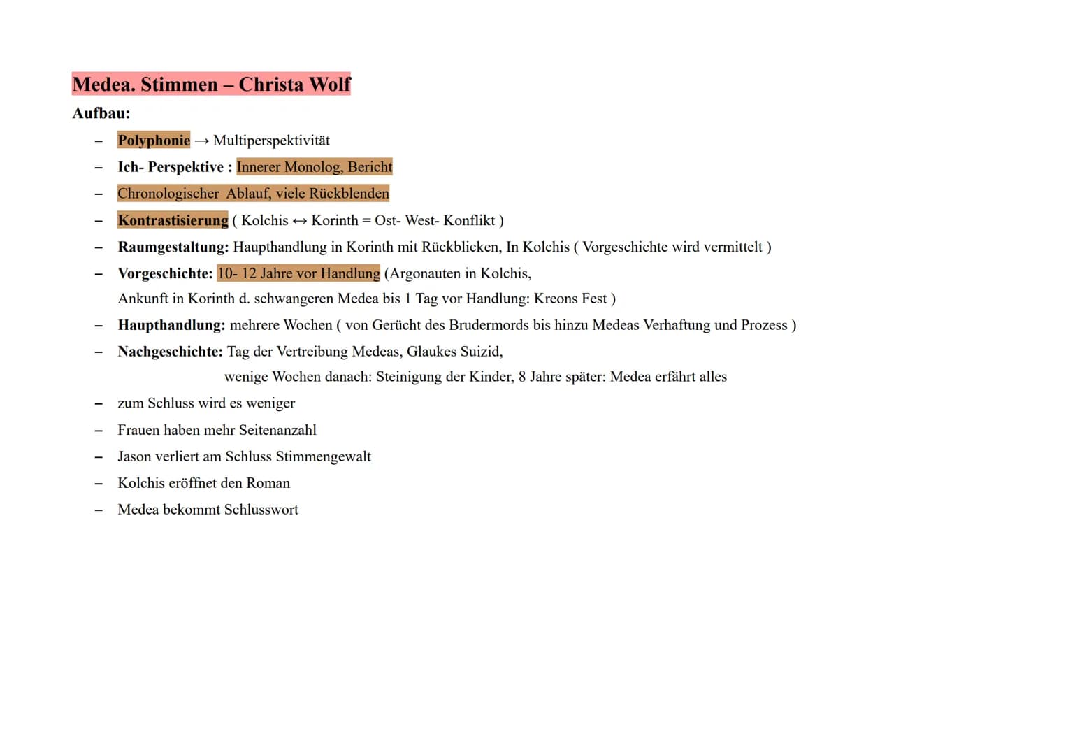 Medea. Stimmen - Christa Wolf
Aufbau:
-
Polyphonie →→ Multiperspektivität
Ich- Perspektive : Innerer Monolog, Bericht
Chronologischer Ablauf