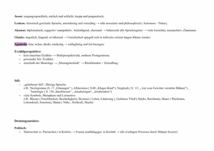 Medea. Stimmen - Christa Wolf
Aufbau:
-
Polyphonie →→ Multiperspektivität
Ich- Perspektive : Innerer Monolog, Bericht
Chronologischer Ablauf