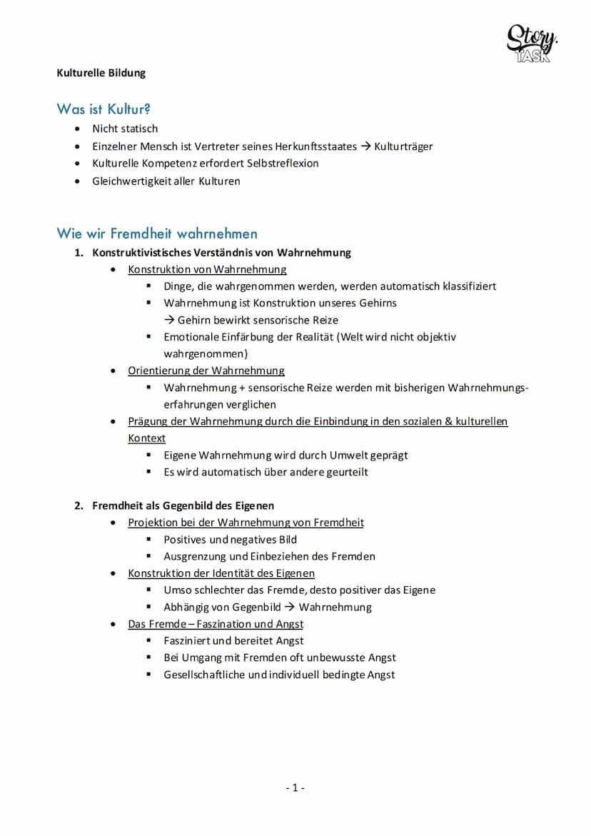 Kulturelle Bildung
Was ist Kultur?
● Nicht statisch
Einzelner Mensch ist Vertreter seines Herkunftsstaates Kulturträger
Kulturelle Kompetenz