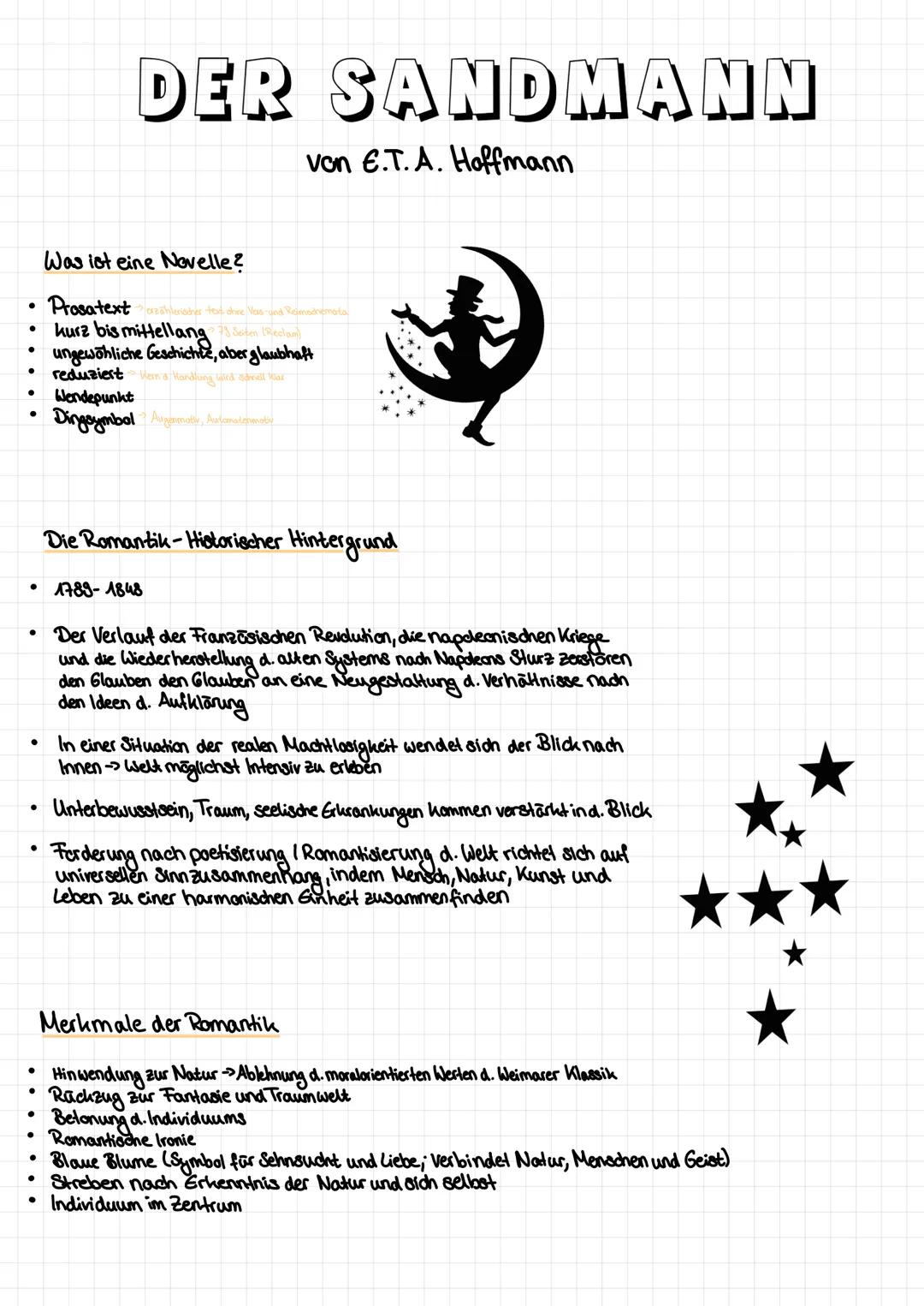 # DER SANDMANN

von E.T. A. Hoffmann

Was ist eine Novelle?

- Prosatext
- hurz bis mittellang
- ungewöhliche Geschichte, aber glaubhaft
- r