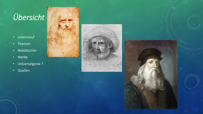 O
260
250
240
230
220
150
160
170
180
190
200
210
C
LEONARDO DA VINCI
War er ein Universalgenie? Übersicht
●
Lebenslauf
Themen
Notizbücher
W