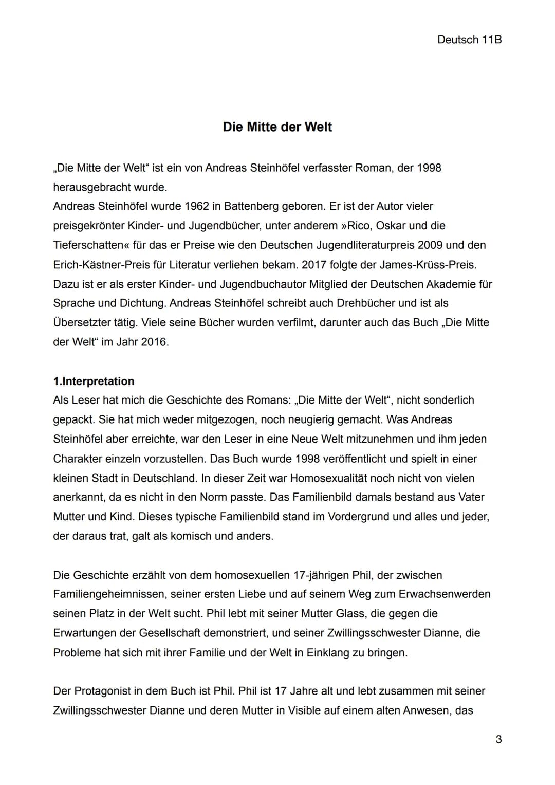 Portfolio Arbeit zu: Die Mitte der Welt, von Andreas Steinhöfel
Lehrkraft: Frau Katja Ihde
CARLSEN
Die Mitte der Welt
MITTE
Andreas
Steinhöf